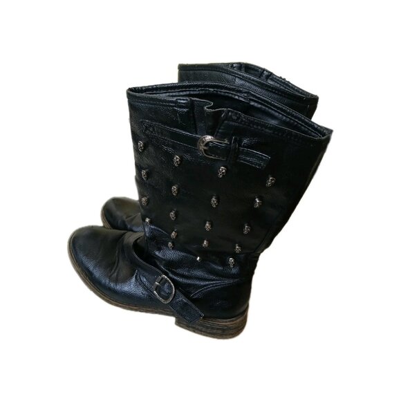 Womens S Alternative Black Studded Faux Leather Biker Mid Calf Boots Goth Punk - Picture 1 of 8